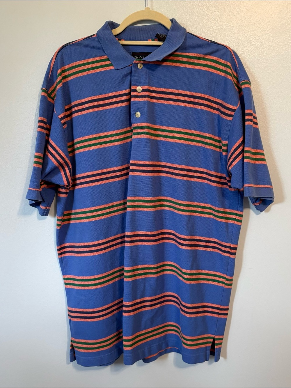 Vintage 90s GANT Striped Polo Shirt Mens Large Blue Pink Green Preppy Retro